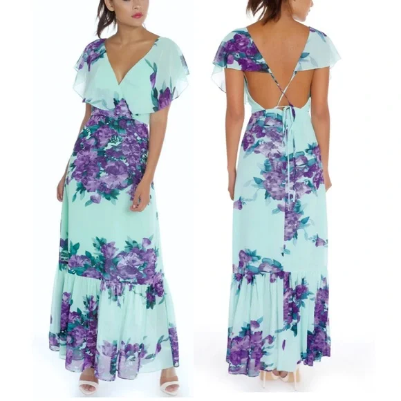 Luxxel Turquoise Lavender Fields Surplice Neckline Open Back Maxi Dress sz Small - Picture 1 of 16